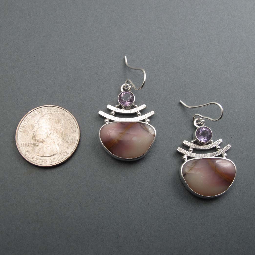 Mooka Jasper Amethyst Earrings, Sterling Silver, Two Stone Cabochon, Natural Gem, Handmade Statement Jewelry