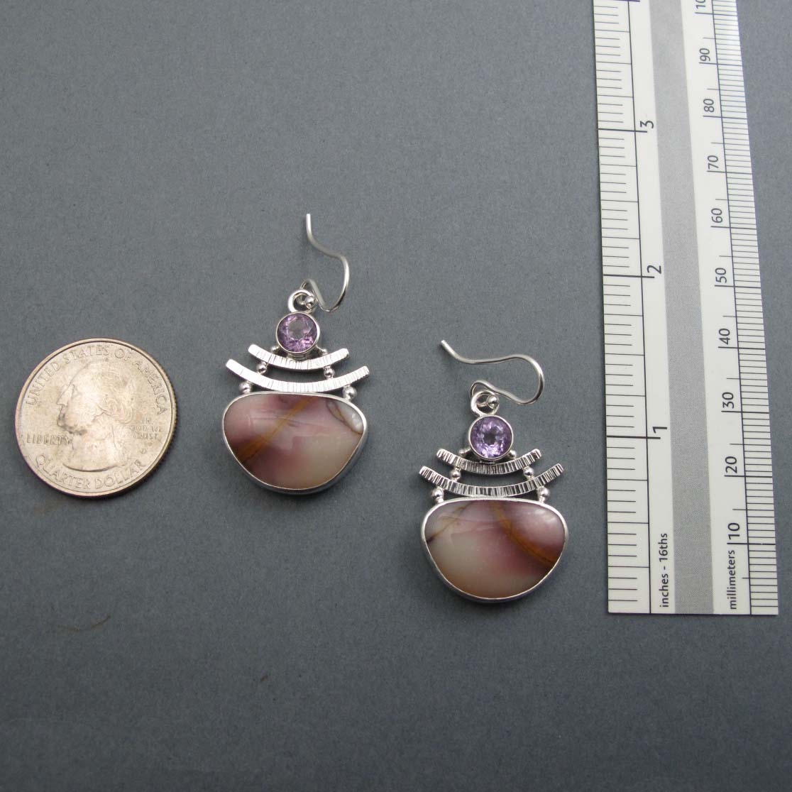 Mooka Jasper Amethyst Earrings, Sterling Silver, Two Stone Cabochon, Natural Gem, Handmade Statement Jewelry