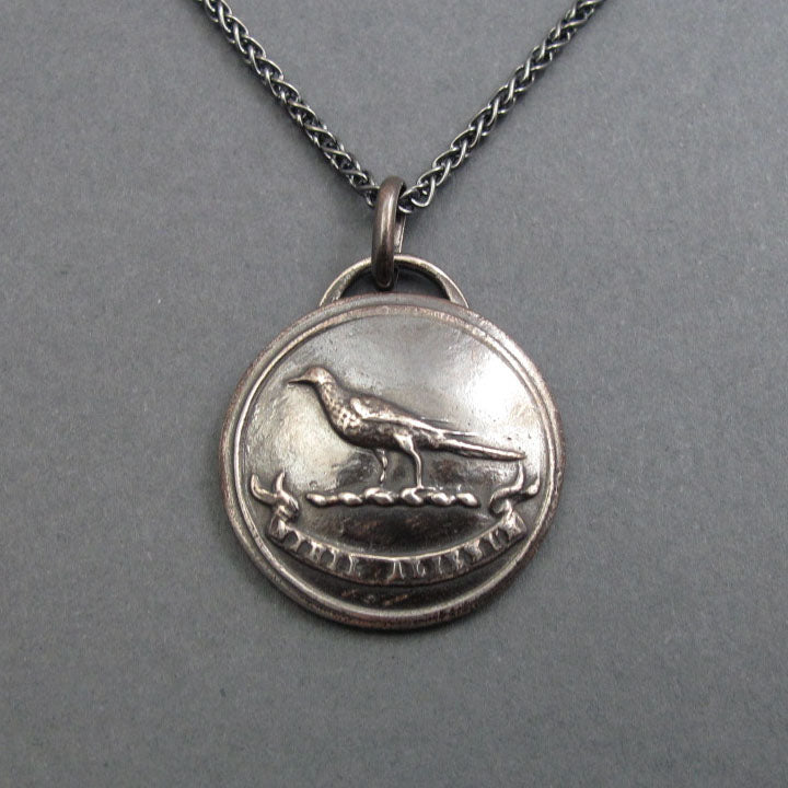 Sterling Silver Raven Pendant, Antique Heraldic Button, Motivational Bird Jewelry, Goth Style Necklace