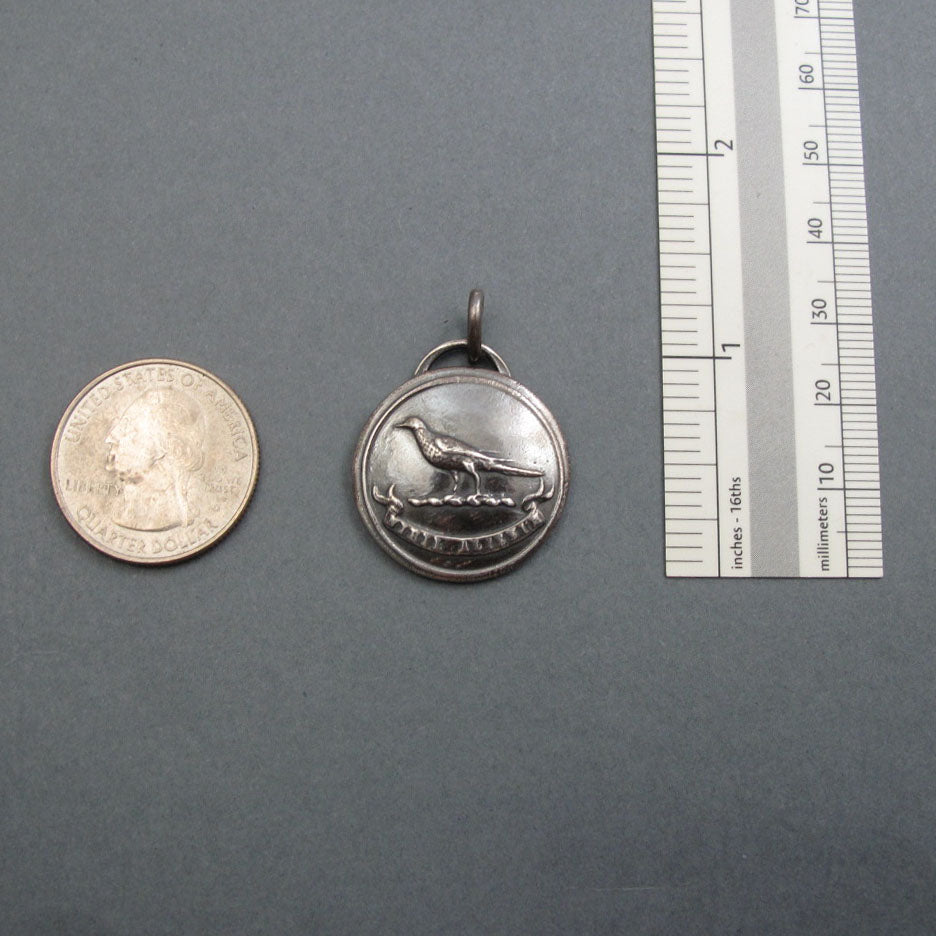 Sterling Silver Raven Pendant, Antique Heraldic Button, Motivational Bird Jewelry, Goth Style Necklace