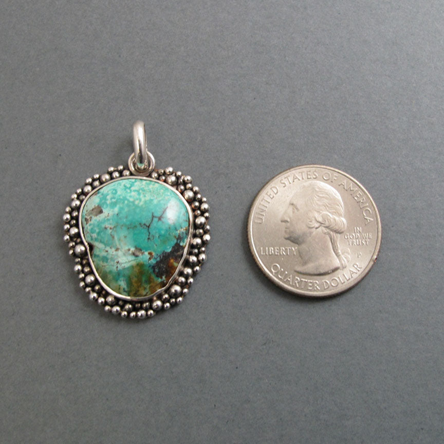 Turquoise Pendant, Sterling Silver, Granulation, Blue Green Freeform Necklace, Southwestern Style, Heirloom Birthstone Jewelry