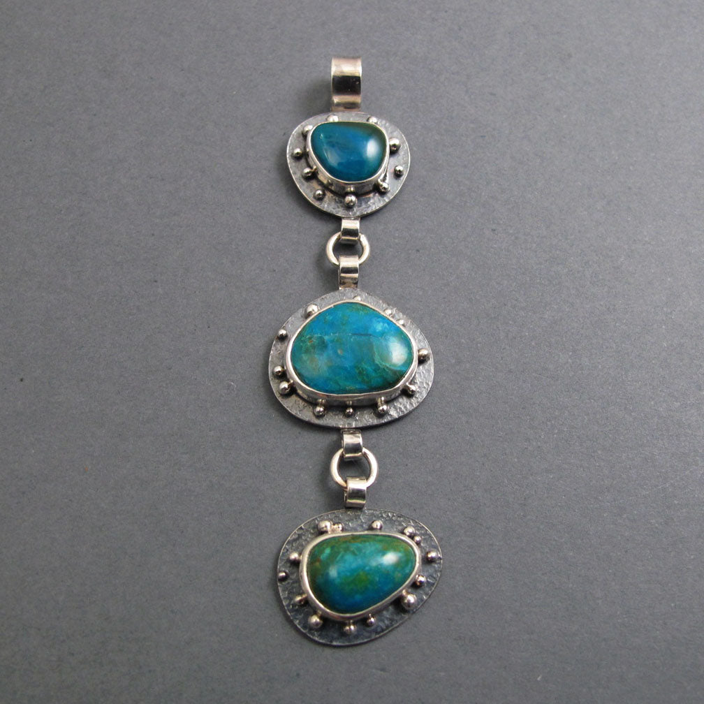 Peruvian Opal Pendant, Sterling Silver, Blue Green Kinetic Necklace, Three Stone Boulder Opal, Statement Jewelry