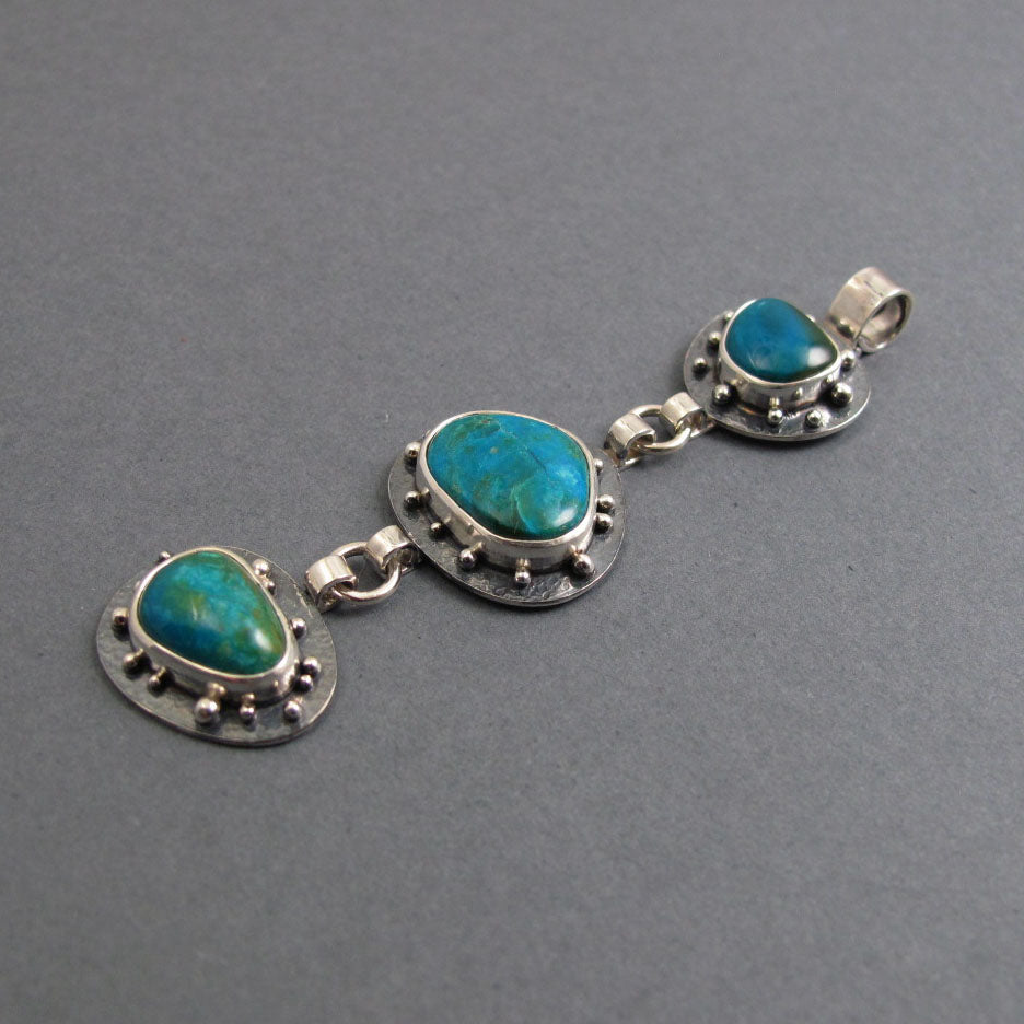 Peruvian Opal Pendant, Sterling Silver, Blue Green Kinetic Necklace, Three Stone Boulder Opal, Statement Jewelry