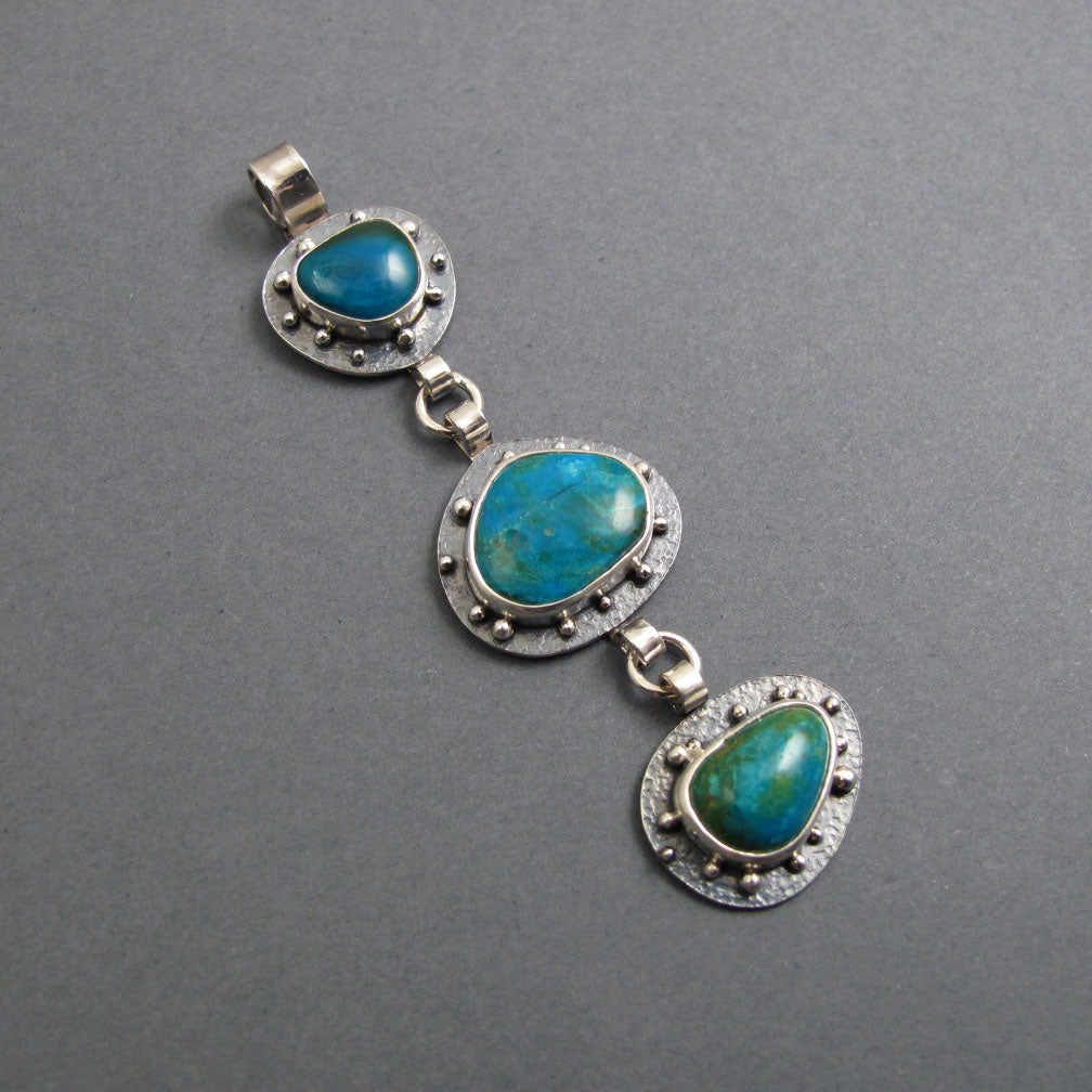Peruvian Opal Pendant, Sterling Silver, Blue Green Kinetic Necklace, Three Stone Boulder Opal, Statement Jewelry
