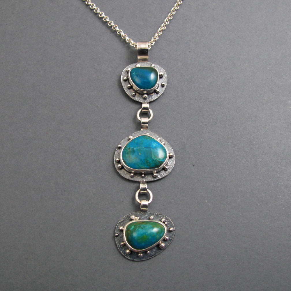 Peruvian Opal Pendant, Sterling Silver, Blue Green Kinetic Necklace, Three Stone Boulder Opal, Statement Jewelry