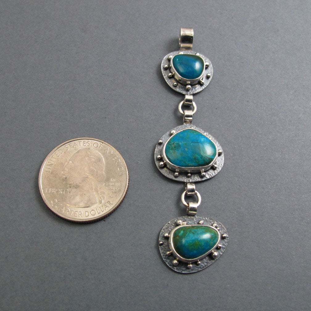 Peruvian Opal Pendant, Sterling Silver, Blue Green Kinetic Necklace, Three Stone Boulder Opal, Statement Jewelry