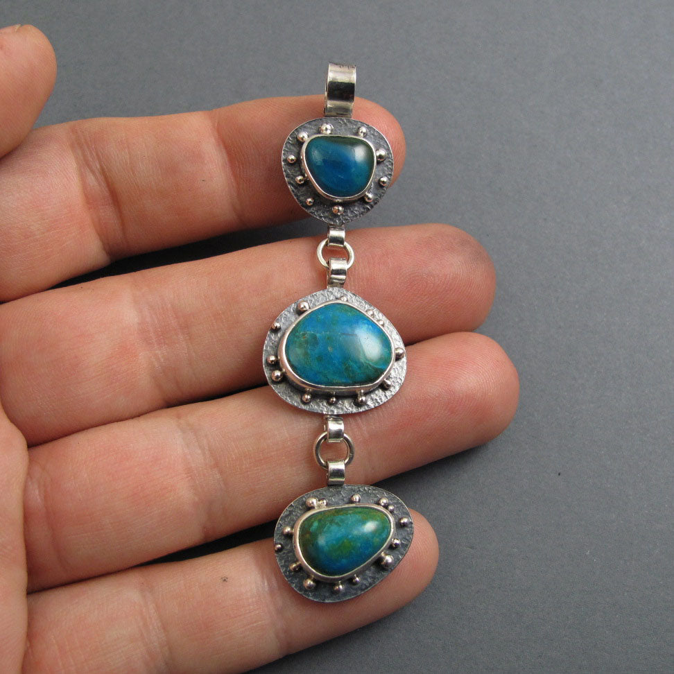 Peruvian Opal Pendant, Sterling Silver, Blue Green Kinetic Necklace, Three Stone Boulder Opal, Statement Jewelry