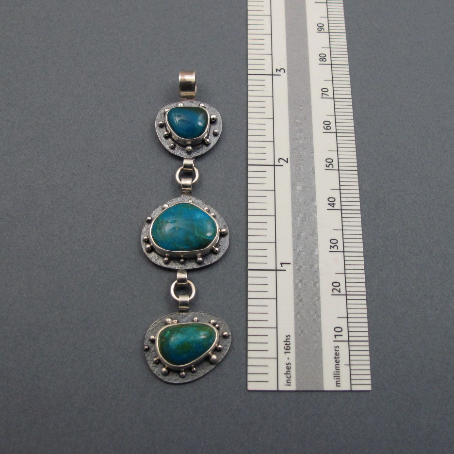 Peruvian Opal Pendant, Sterling Silver, Blue Green Kinetic Necklace, Three Stone Boulder Opal, Statement Jewelry