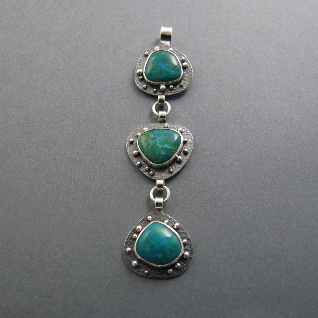 Peruvian Opal Pendant, Sterling Silver, Teal Blue Kinetic Necklace, Three Stone Boulder Opal, Organically Shaped