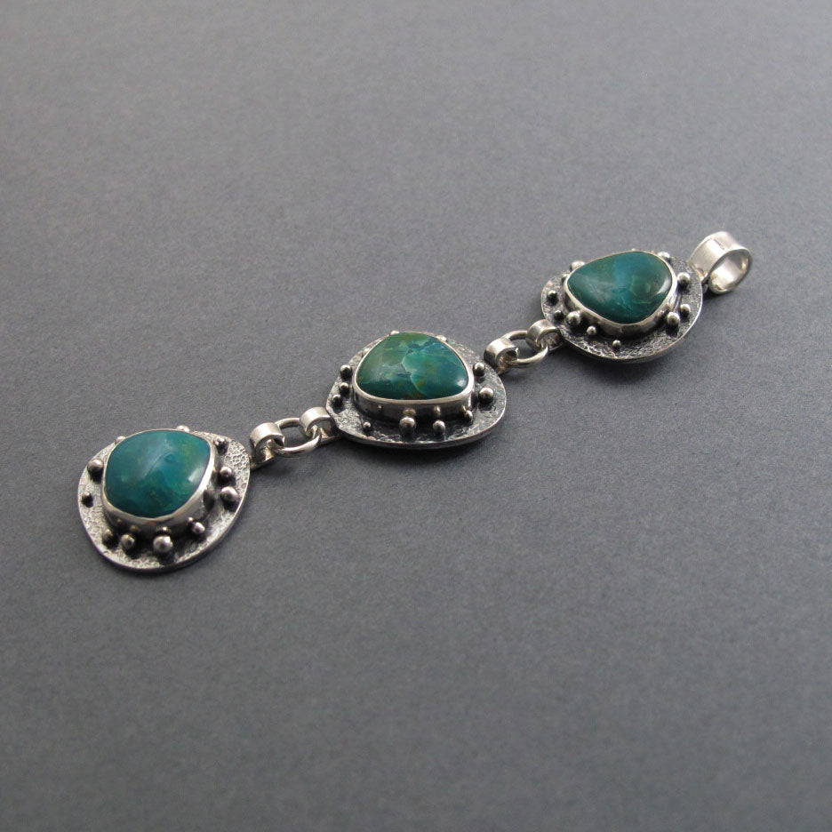 Peruvian Opal Pendant, Sterling Silver, Teal Blue Kinetic Necklace, Three Stone Boulder Opal, Organically Shaped