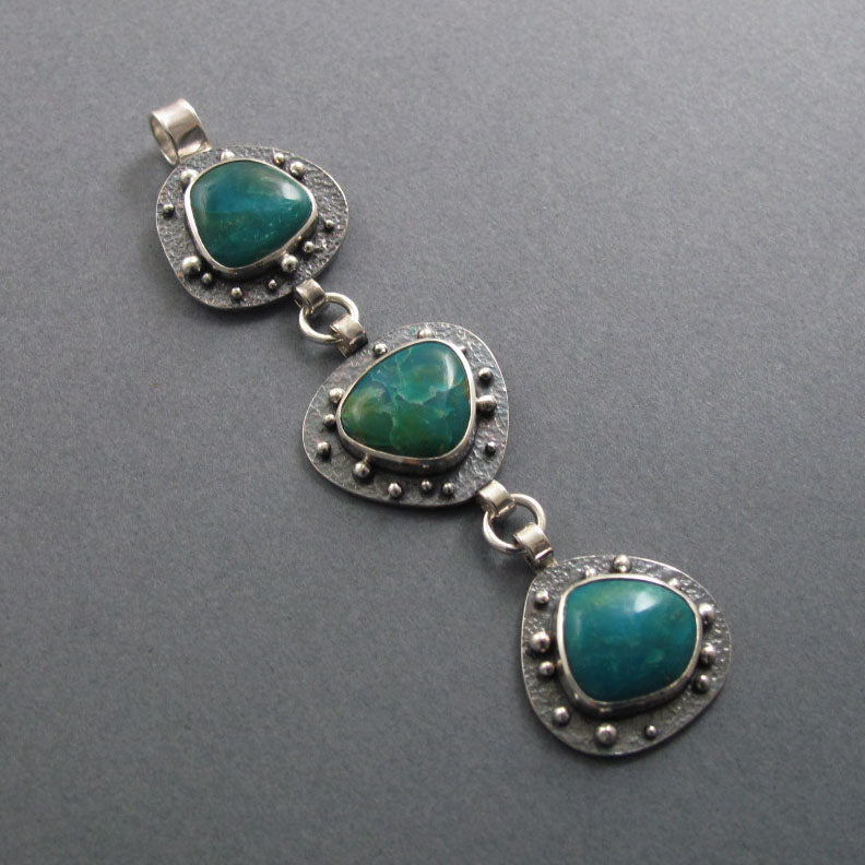 Peruvian Opal Pendant, Sterling Silver, Teal Blue Kinetic Necklace, Three Stone Boulder Opal, Organically Shaped
