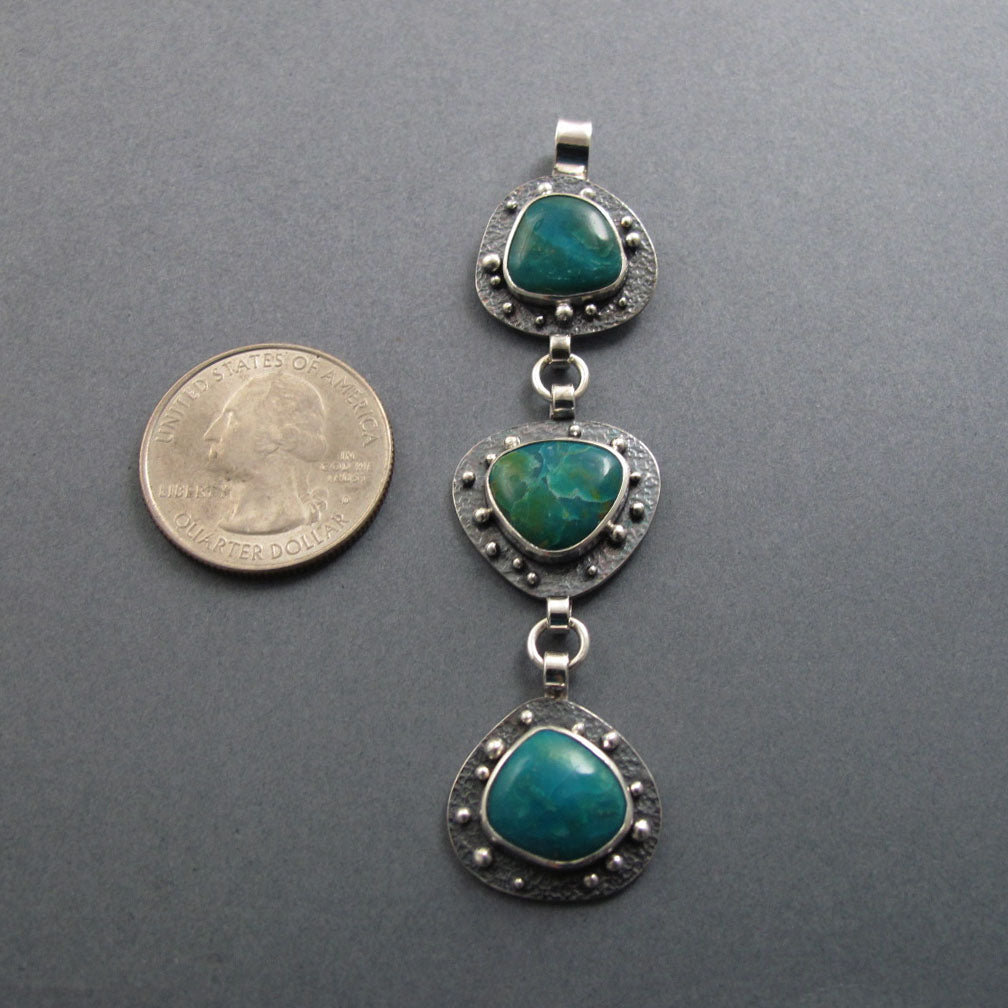 Peruvian Opal Pendant, Sterling Silver, Teal Blue Kinetic Necklace, Three Stone Boulder Opal, Organically Shaped