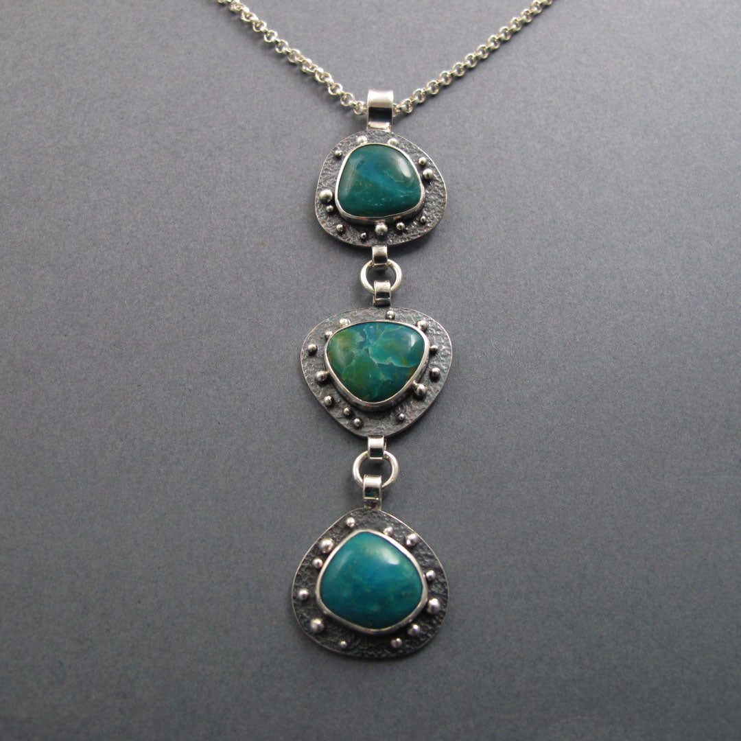 Peruvian Opal Pendant, Sterling Silver, Teal Blue Kinetic Necklace, Three Stone Boulder Opal, Organically Shaped