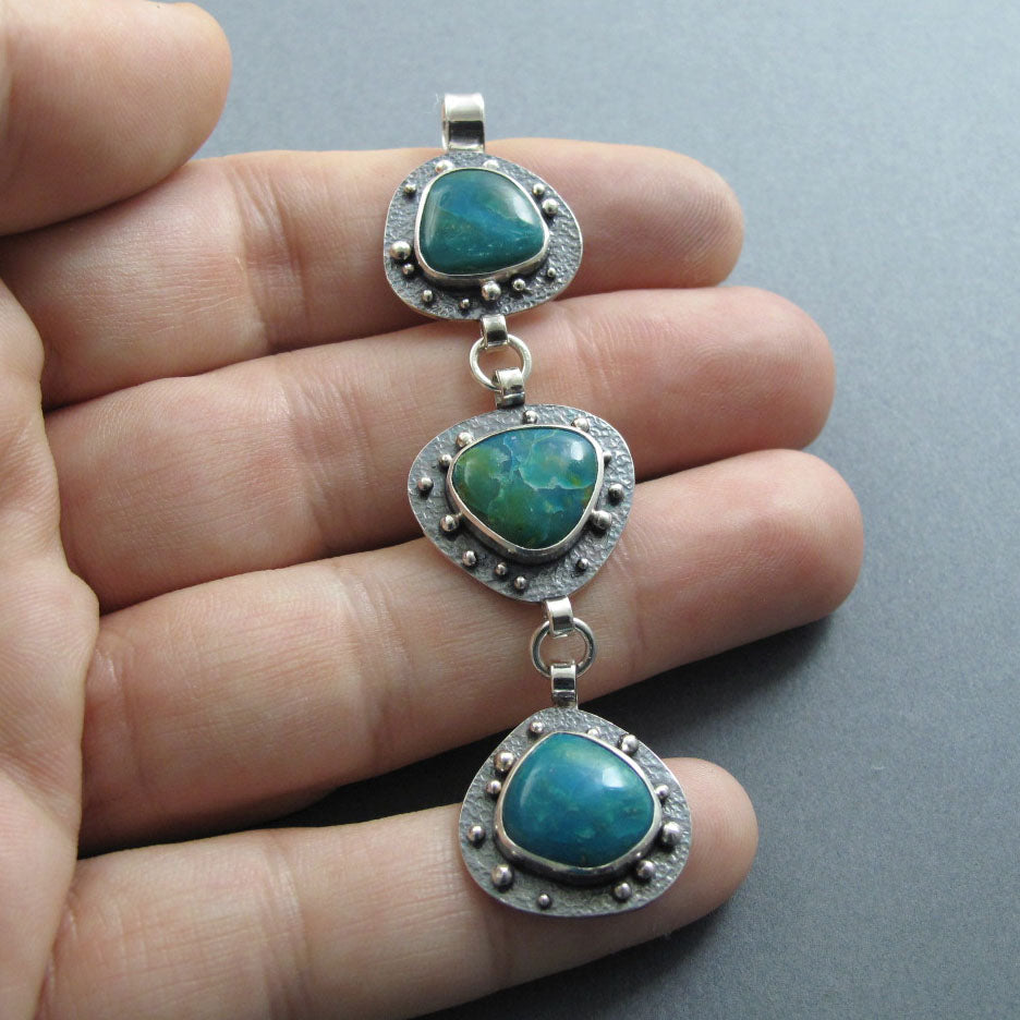 Peruvian Opal Pendant, Sterling Silver, Teal Blue Kinetic Necklace, Three Stone Boulder Opal, Organically Shaped