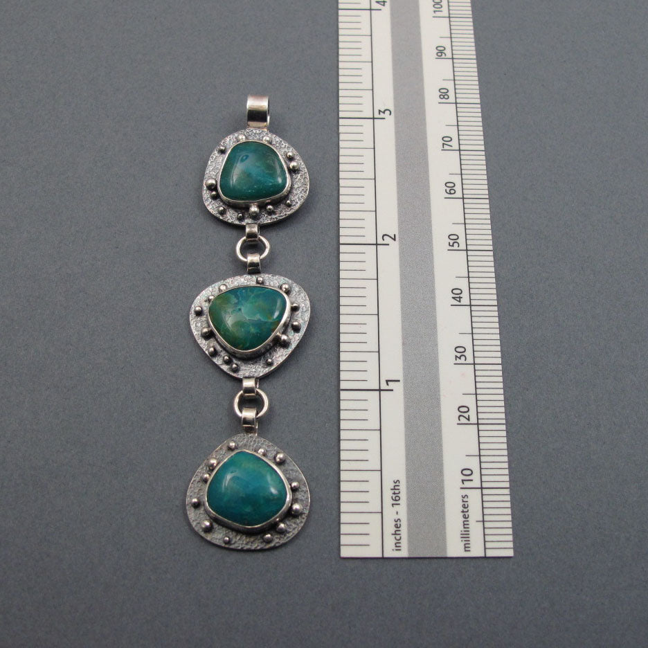 Peruvian Opal Pendant, Sterling Silver, Teal Blue Kinetic Necklace, Three Stone Boulder Opal, Organically Shaped