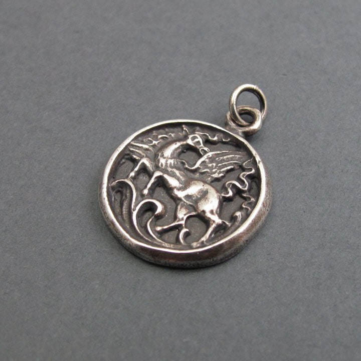 Greek Mythology Pegasus Winged Horse Necklace, Sterling Silver Antique Button Pendant, Creativity Talisman Jewelry