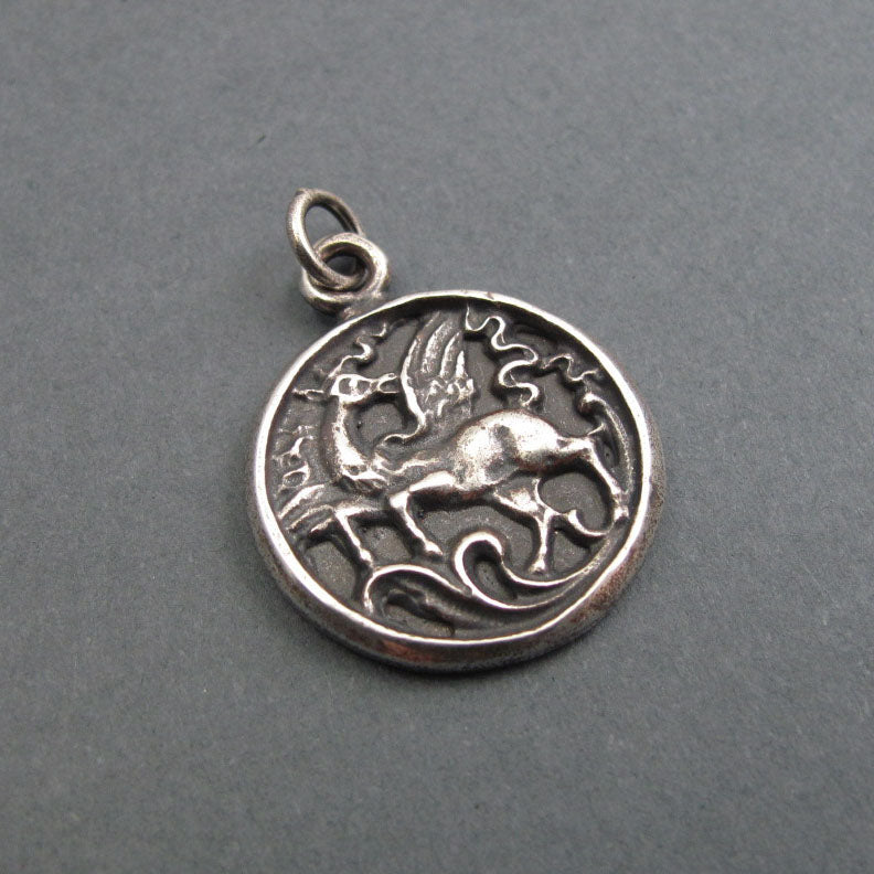Greek Mythology Pegasus Winged Horse Necklace, Sterling Silver Antique Button Pendant, Creativity Talisman Jewelry