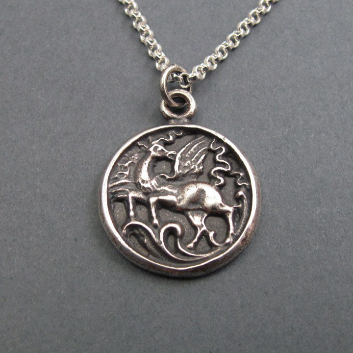 Greek Mythology Pegasus Winged Horse Necklace, Sterling Silver Antique Button Pendant, Creativity Talisman Jewelry
