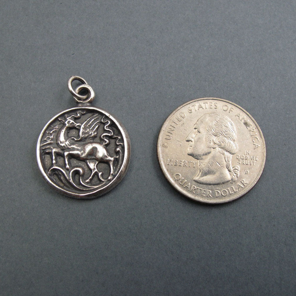 Greek Mythology Pegasus Winged Horse Necklace, Sterling Silver Antique Button Pendant, Creativity Talisman Jewelry