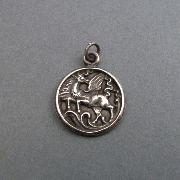 Greek Mythology Pegasus Winged Horse Necklace, Sterling Silver Antique Button Pendant, Creativity Talisman Jewelry