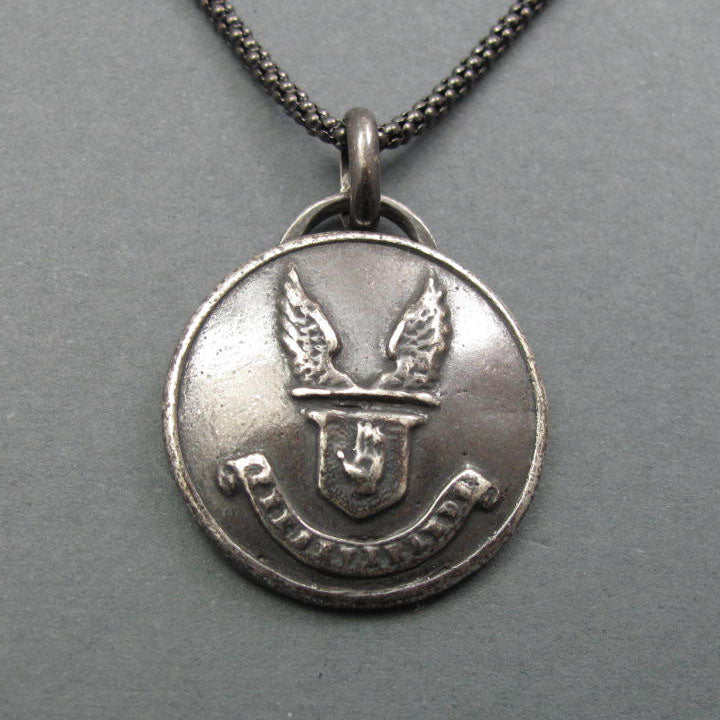Sterling Silver, Persevere Motivational Pendant, Heraldic Motto, Victorian Antique Button, Hand Jewelry, Wings Necklace