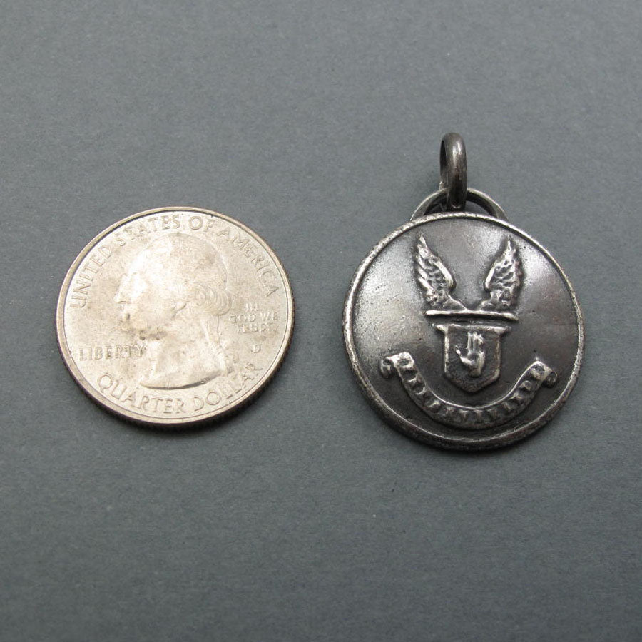 Sterling Silver, Persevere Motivational Pendant, Heraldic Motto, Victorian Antique Button, Hand Jewelry, Wings Necklace