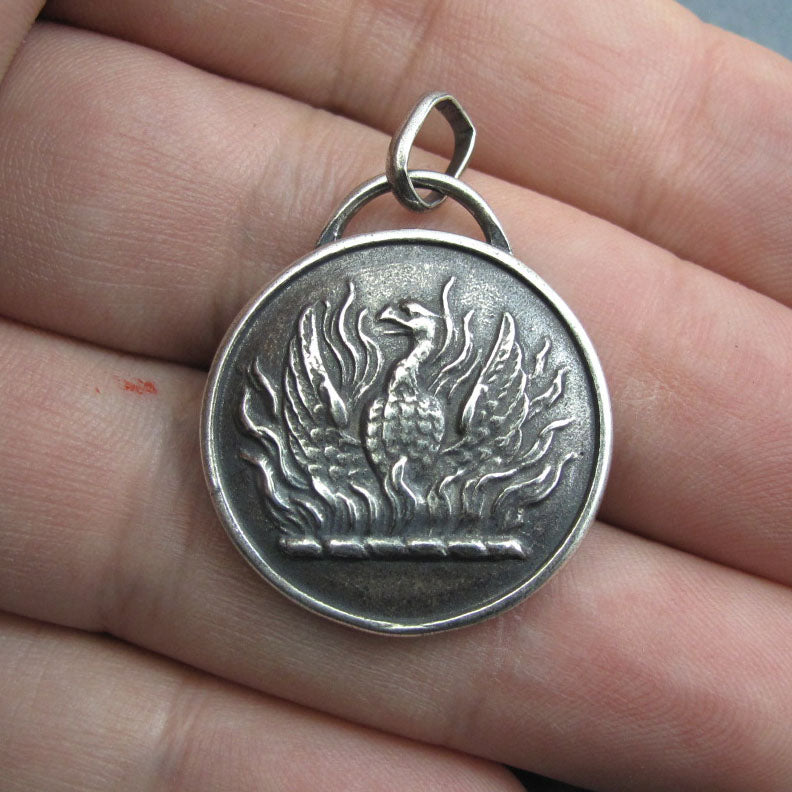 Sterling Silver, Phoenix Rising Pendant, Rebirth and Renewal Necklace, Motivational Talisman, Heraldic Victorian Jewelry