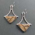 Picture Jasper Dangle Earrings, Sterling Silver, Sand Brown Triangle Cabochon, A-Frame Design, Statement Jewelry