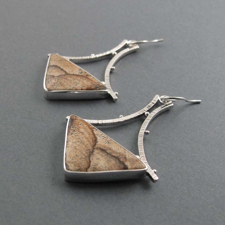 Picture Jasper Dangle Earrings, Sterling Silver, Sand Brown Triangle Cabochon, A-Frame Design, Statement Jewelry