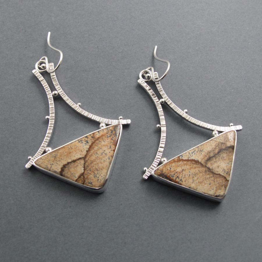 Picture Jasper Dangle Earrings, Sterling Silver, Sand Brown Triangle Cabochon, A-Frame Design, Statement Jewelry
