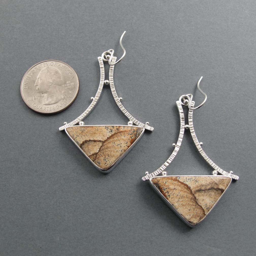 Picture Jasper Dangle Earrings, Sterling Silver, Sand Brown Triangle Cabochon, A-Frame Design, Statement Jewelry