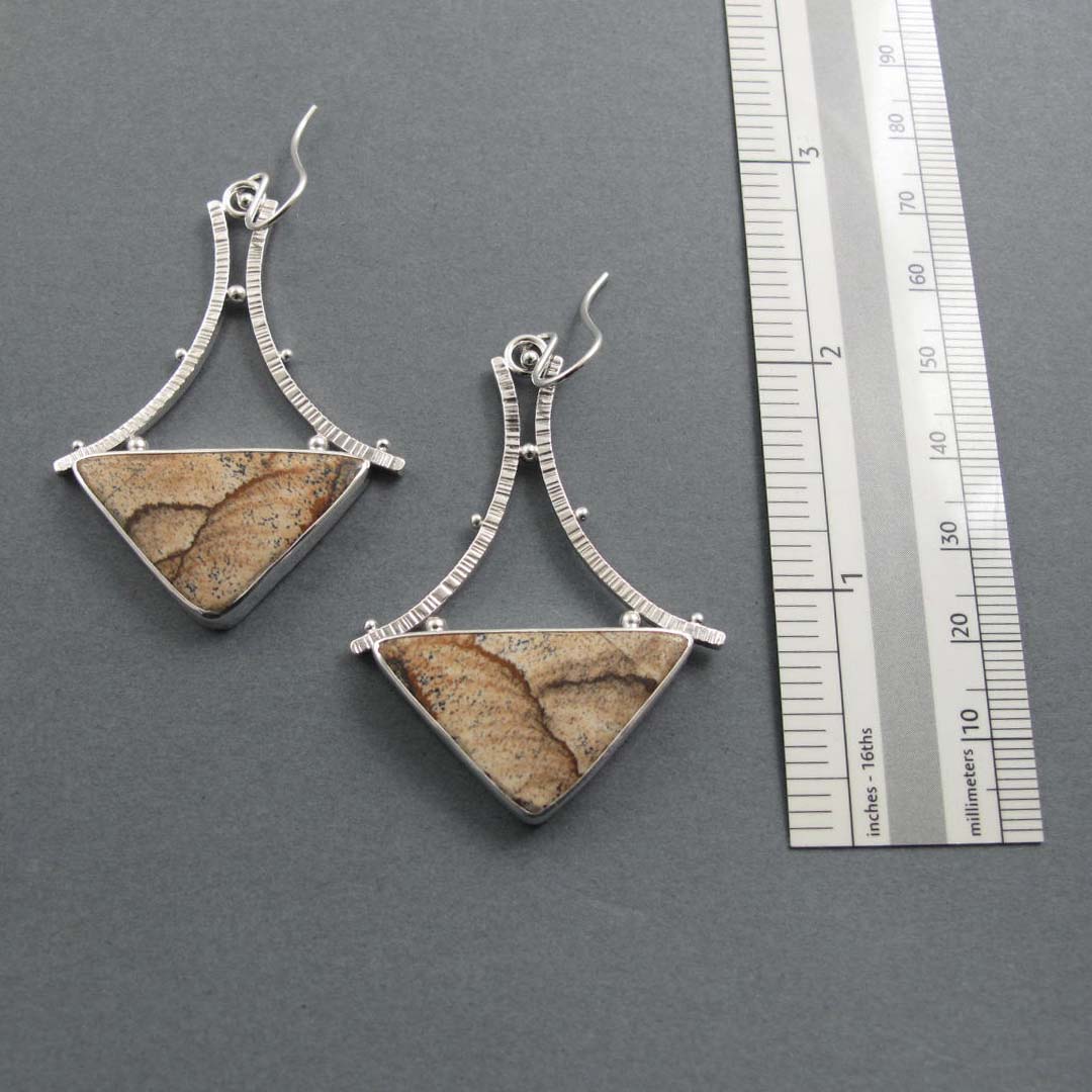 Picture Jasper Dangle Earrings, Sterling Silver, Sand Brown Triangle Cabochon, A-Frame Design, Statement Jewelry