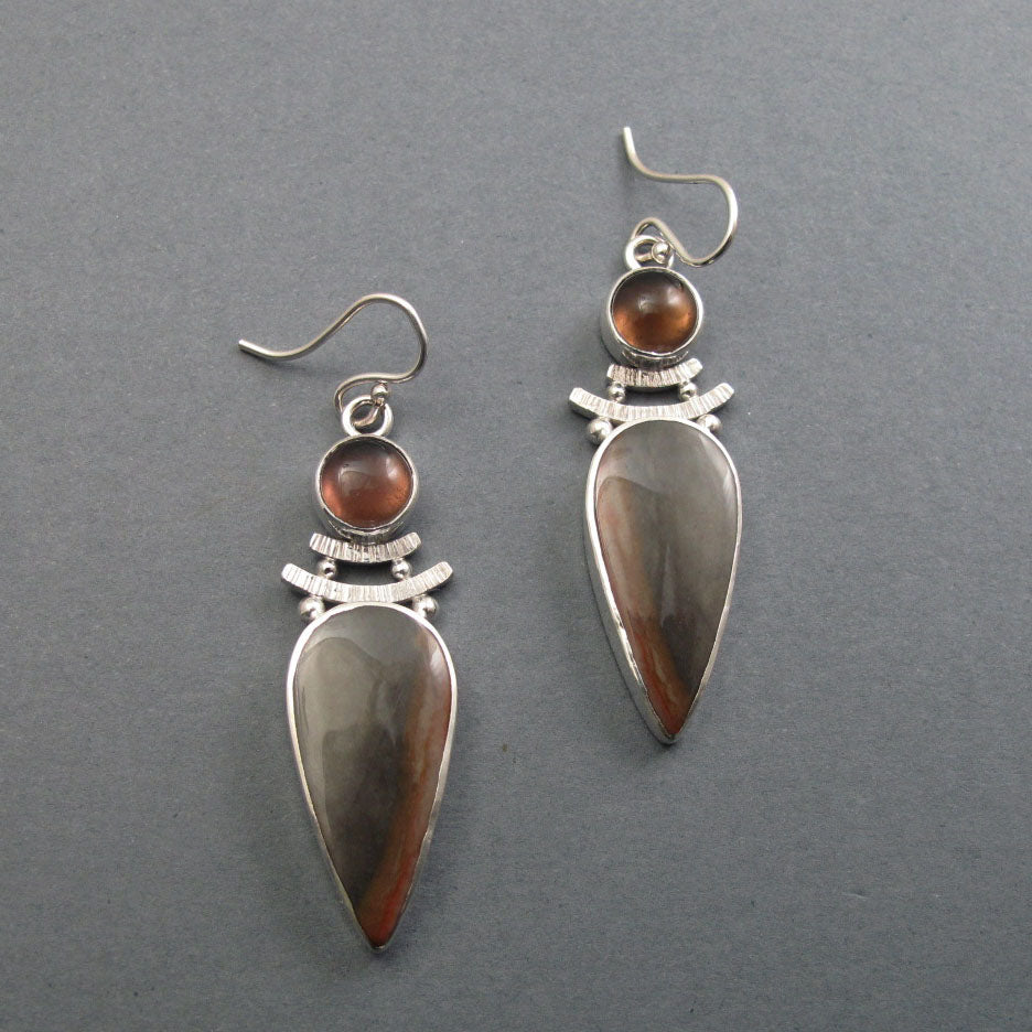 Polychrome Jasper, Smoky Quartz Earrings, Sterling Silver, Two Stone, Natural Gem, Handmade Statement Jewelry