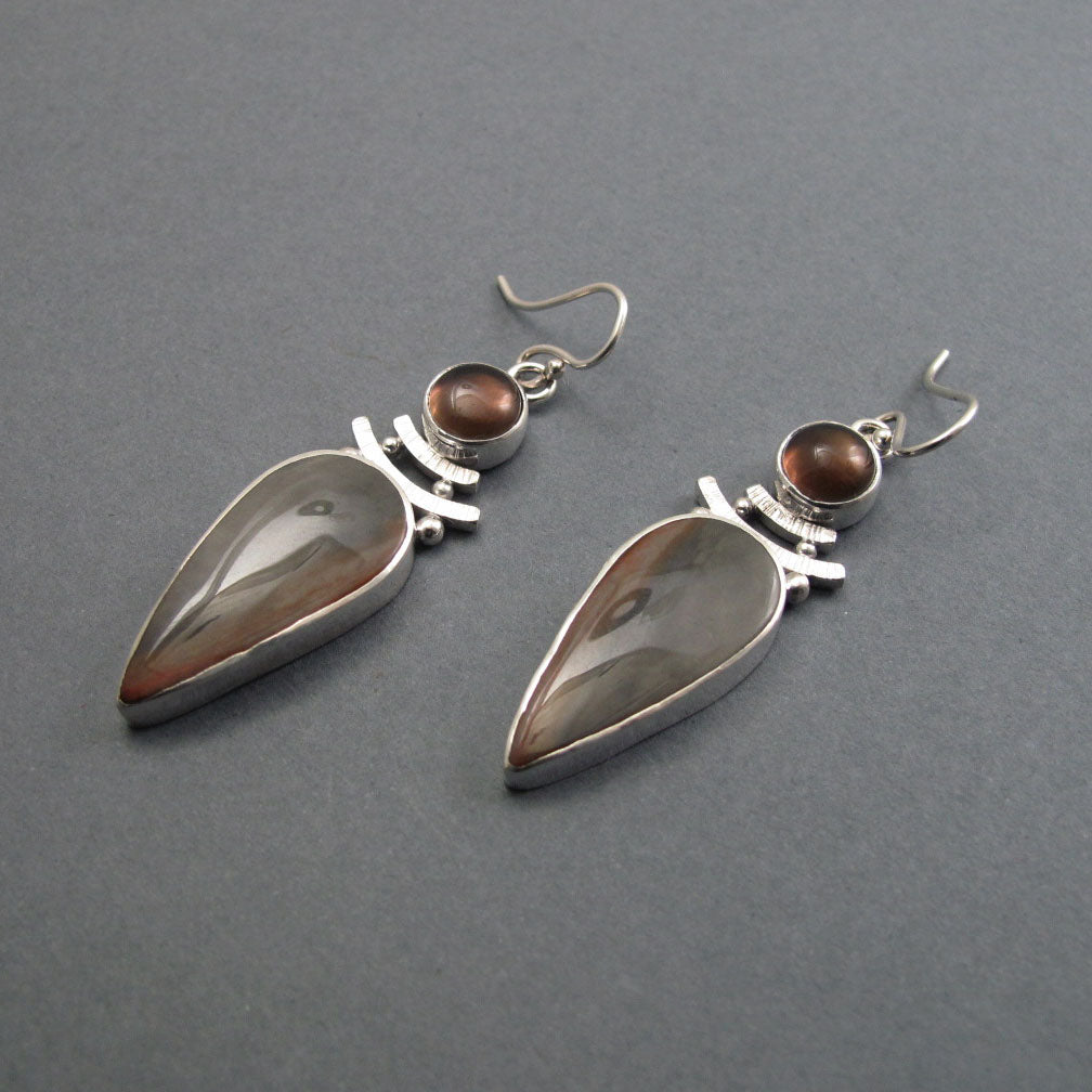 Polychrome Jasper, Smoky Quartz Earrings, Sterling Silver, Two Stone, Natural Gem, Handmade Statement Jewelry
