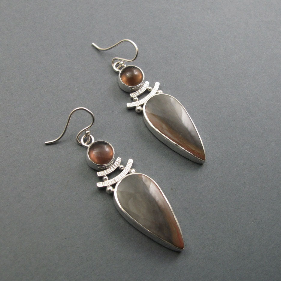 Polychrome Jasper, Smoky Quartz Earrings, Sterling Silver, Two Stone, Natural Gem, Handmade Statement Jewelry