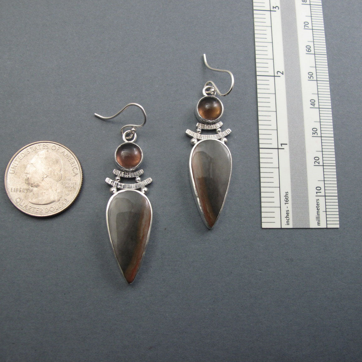 Polychrome Jasper, Smoky Quartz Earrings, Sterling Silver, Two Stone, Natural Gem, Handmade Statement Jewelry