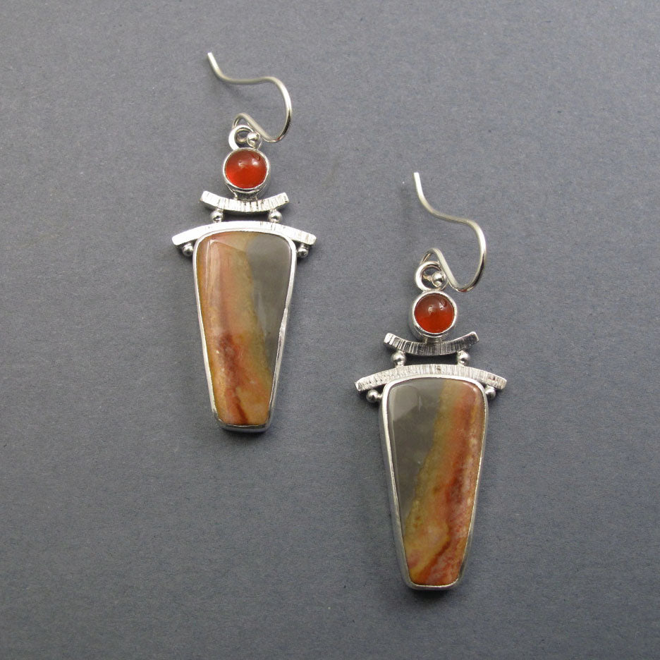 Polychrome Jasper, Carnelian Dangle Earrings, Sterling Silver, Two Stone Cabochon, Natural Gem, Handmade Jewelry