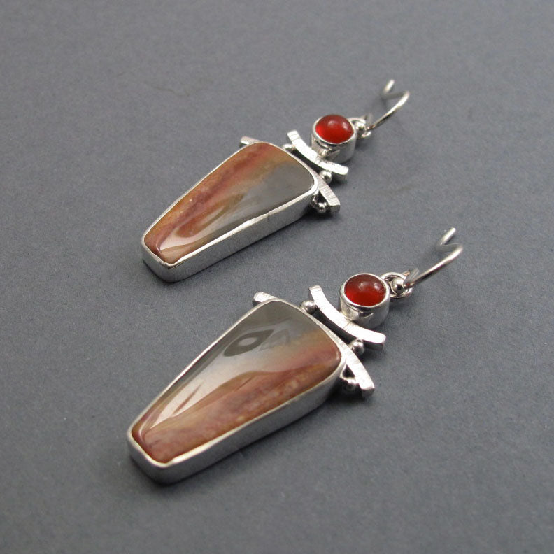 Polychrome Jasper, Carnelian Dangle Earrings, Sterling Silver, Two Stone Cabochon, Natural Gem, Handmade Jewelry