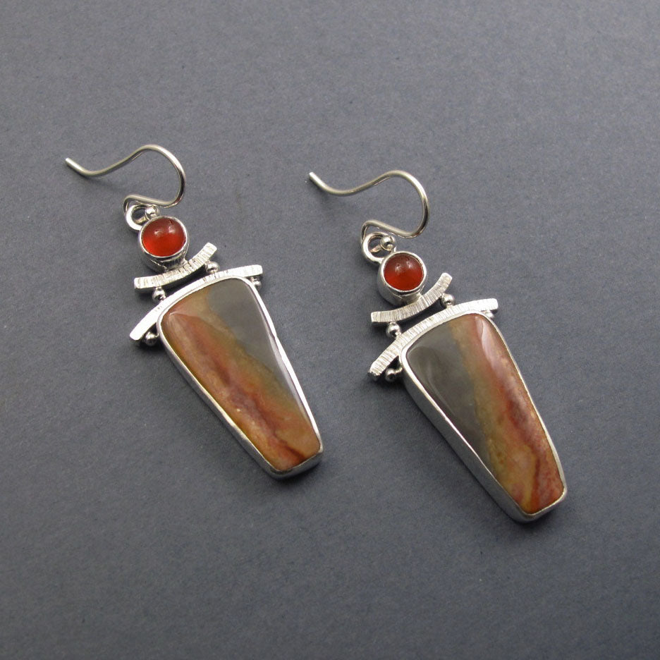 Polychrome Jasper, Carnelian Dangle Earrings, Sterling Silver, Two Stone Cabochon, Natural Gem, Handmade Jewelry