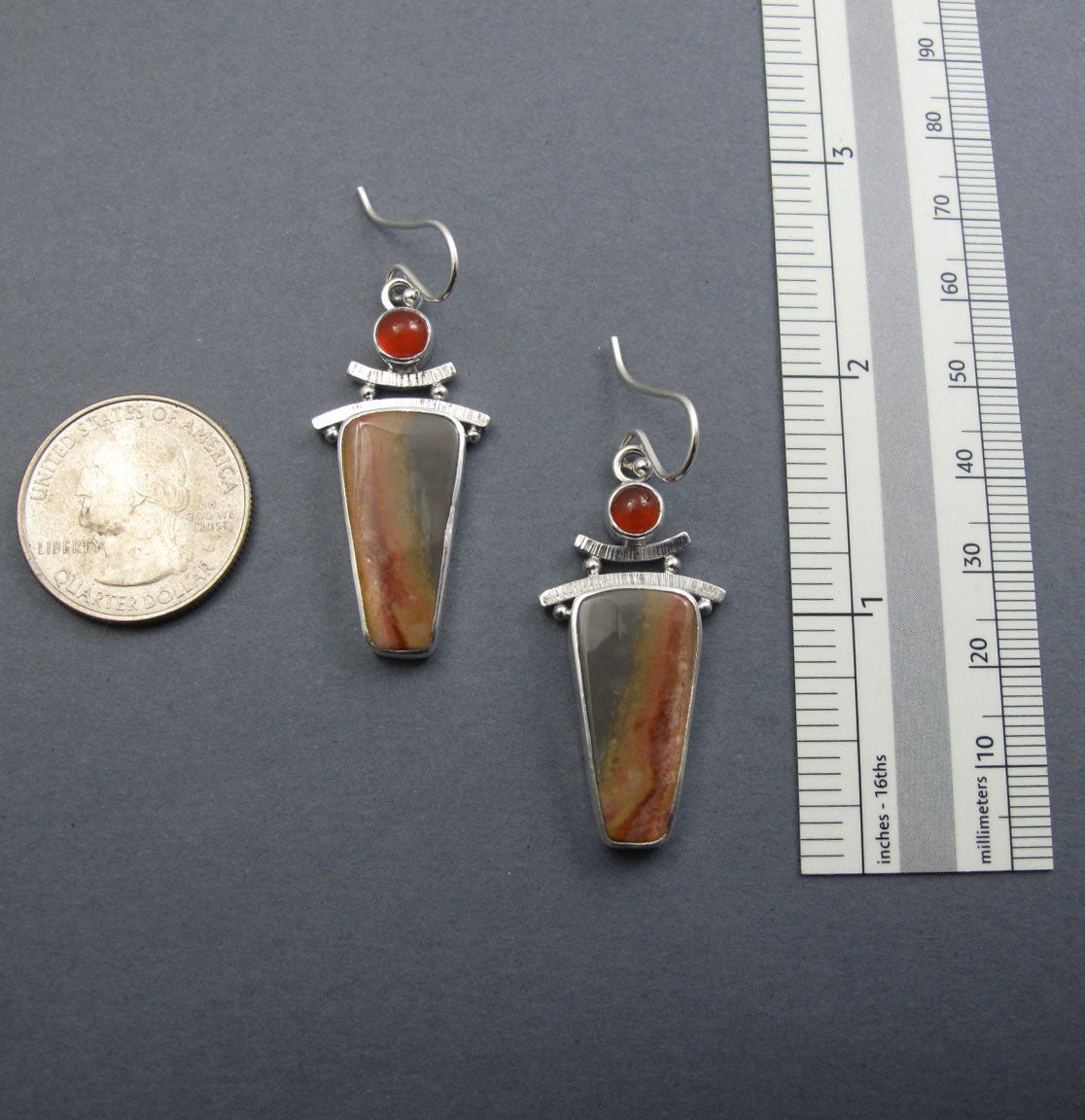 Polychrome Jasper, Carnelian Dangle Earrings, Sterling Silver, Two Stone Cabochon, Natural Gem, Handmade Jewelry