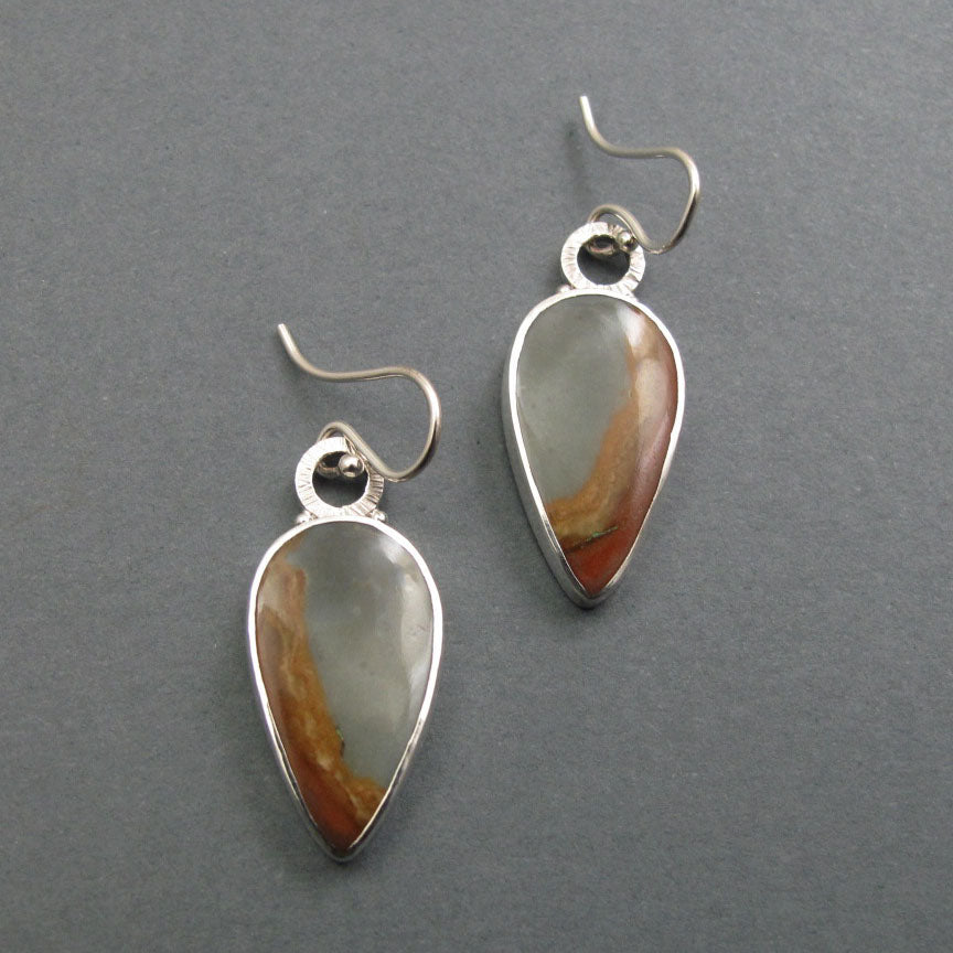 Polychrome Jasper Dangle Earrings, Sterling Silver, Natural Gray Orange Teardrop Cabochon, Handmade Statement Jewelry