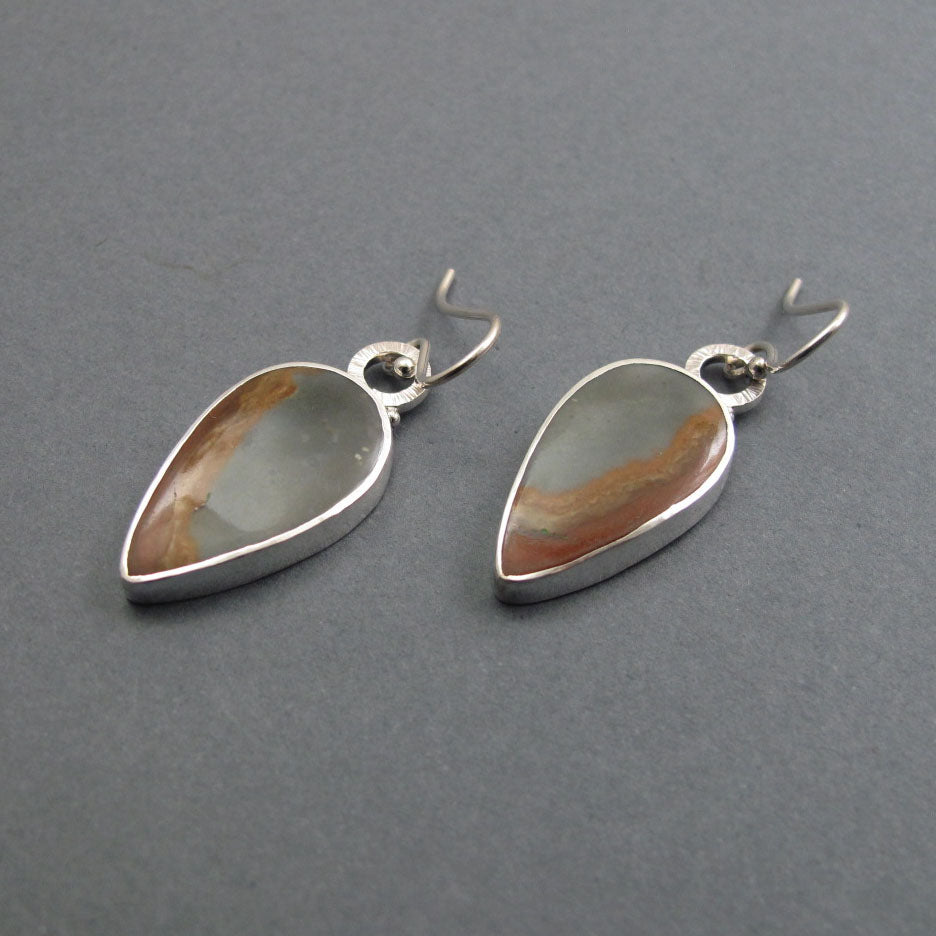 Polychrome Jasper Dangle Earrings, Sterling Silver, Natural Gray Orange Teardrop Cabochon, Handmade Statement Jewelry