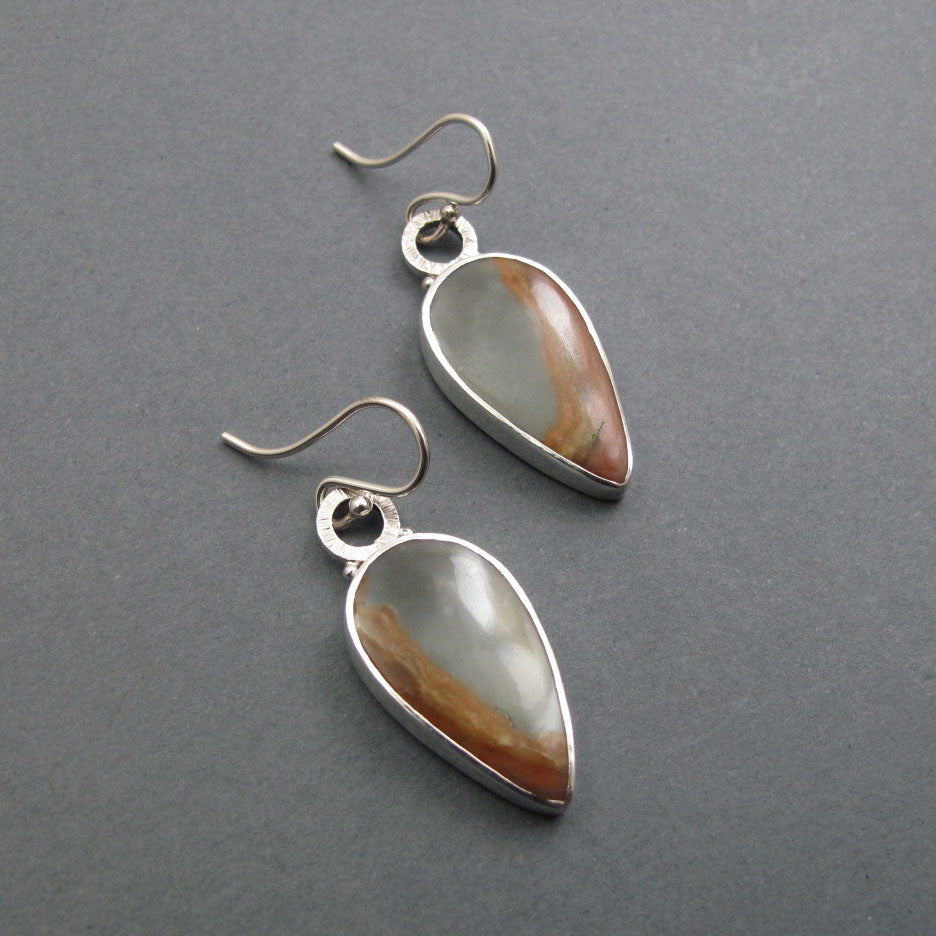 Polychrome Jasper Dangle Earrings, Sterling Silver, Natural Gray Orange Teardrop Cabochon, Handmade Statement Jewelry