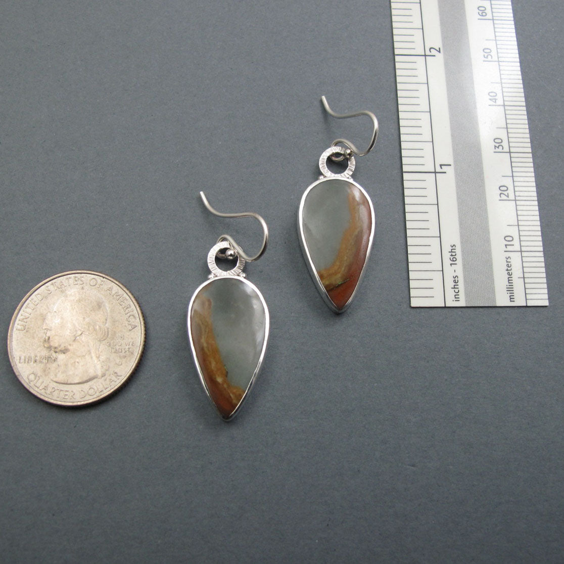 Polychrome Jasper Dangle Earrings, Sterling Silver, Natural Gray Orange Teardrop Cabochon, Handmade Statement Jewelry