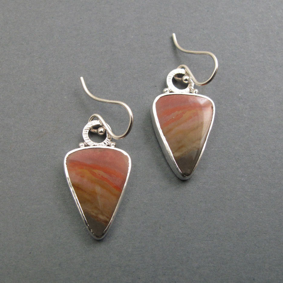 Polychrome Jasper Dangle Earrings, Sterling Silver, Red Orange Triangle Cabochon, Natural Gem, Minimalist Jewelry