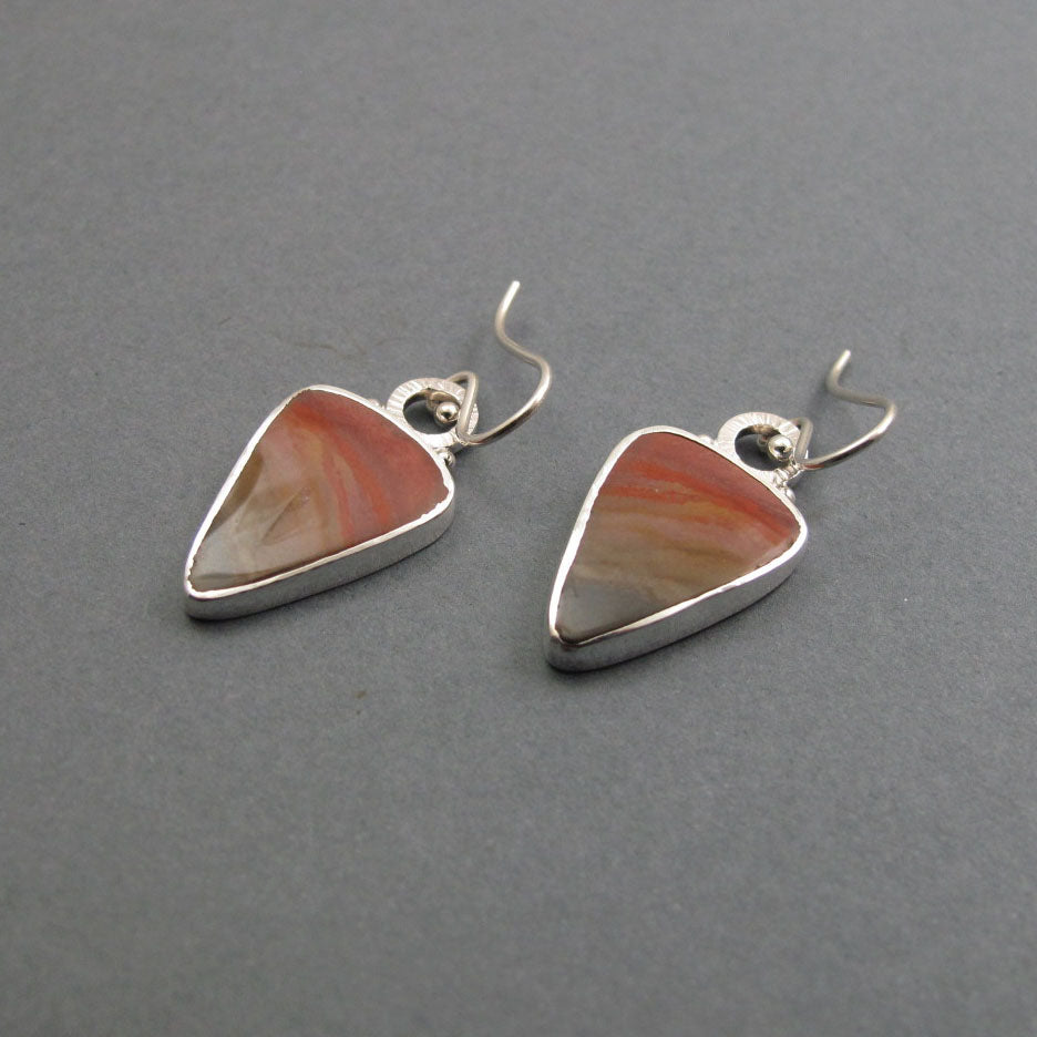 Polychrome Jasper Dangle Earrings, Sterling Silver, Red Orange Triangle Cabochon, Natural Gem, Minimalist Jewelry
