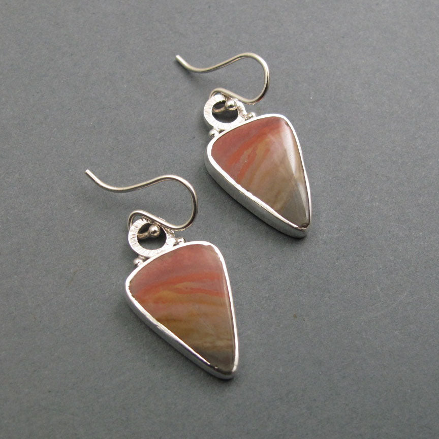 Polychrome Jasper Dangle Earrings, Sterling Silver, Red Orange Triangle Cabochon, Natural Gem, Minimalist Jewelry