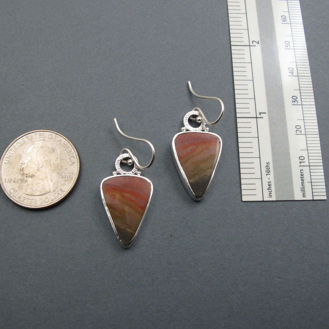 Polychrome Jasper Dangle Earrings, Sterling Silver, Red Orange Triangle Cabochon, Natural Gem, Minimalist Jewelry