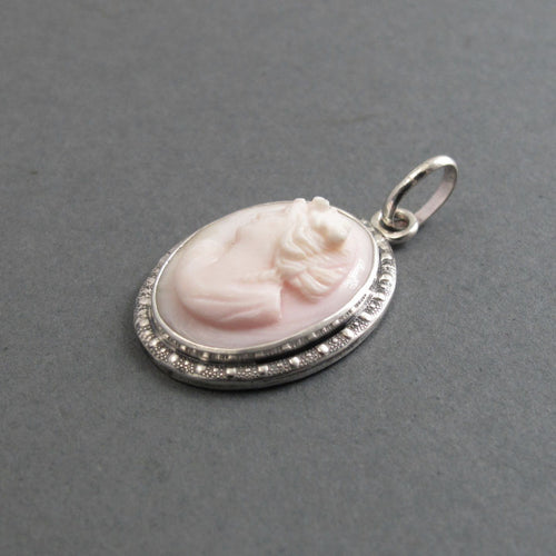 Antique Cameo Pendant, Queen Conch, Left Facing Carved Shell Cameo, Heirloom Jewelry, Sterling Silver