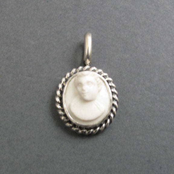 Carved Conch Shell Cameo, Sterling Silver Antique Cameo Pendant, Woman's Profile Cameo, White and Pink, High Relief Shell Cameo